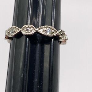 Art Deco Style Stackable Rhodium Plated Band Ring with CZ Stones - Size 5